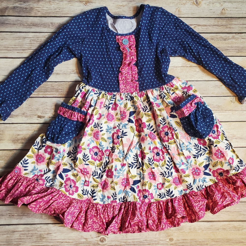 Eleanor Rose girls 7-8 dress pink blue pockets
